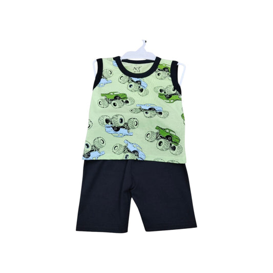 Children's sleeveless top and shorts set with car pattern on a white background