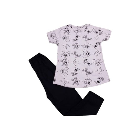 White t-shirt with black cartoon character print and black pants on a white background