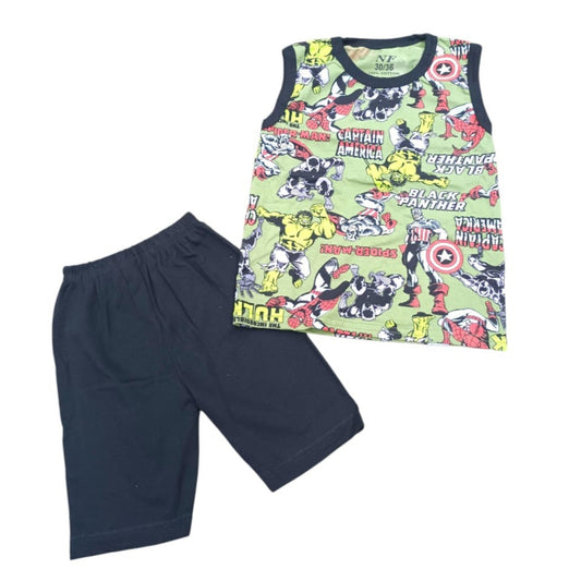 Children's superhero-themed tank top and navy shorts on a white background