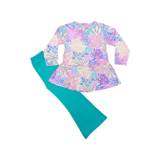 Children's outfit with floral top and teal leggings on a white background