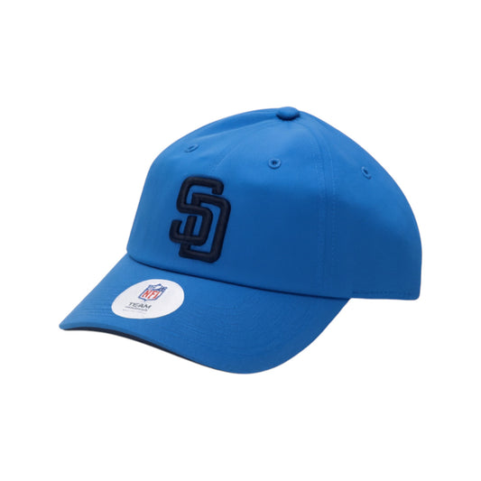 Blue baseball cap with a logo on a white background