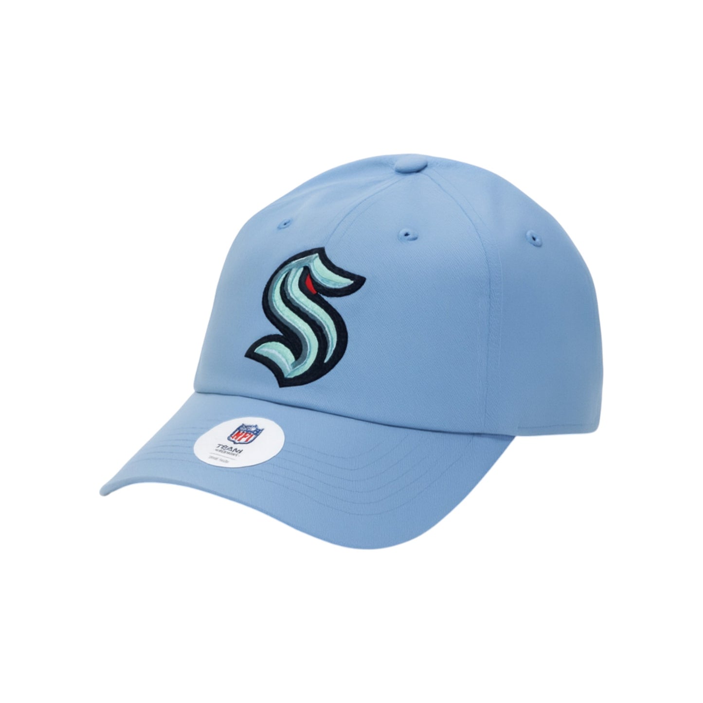 Light blue cap with a logo on a white background