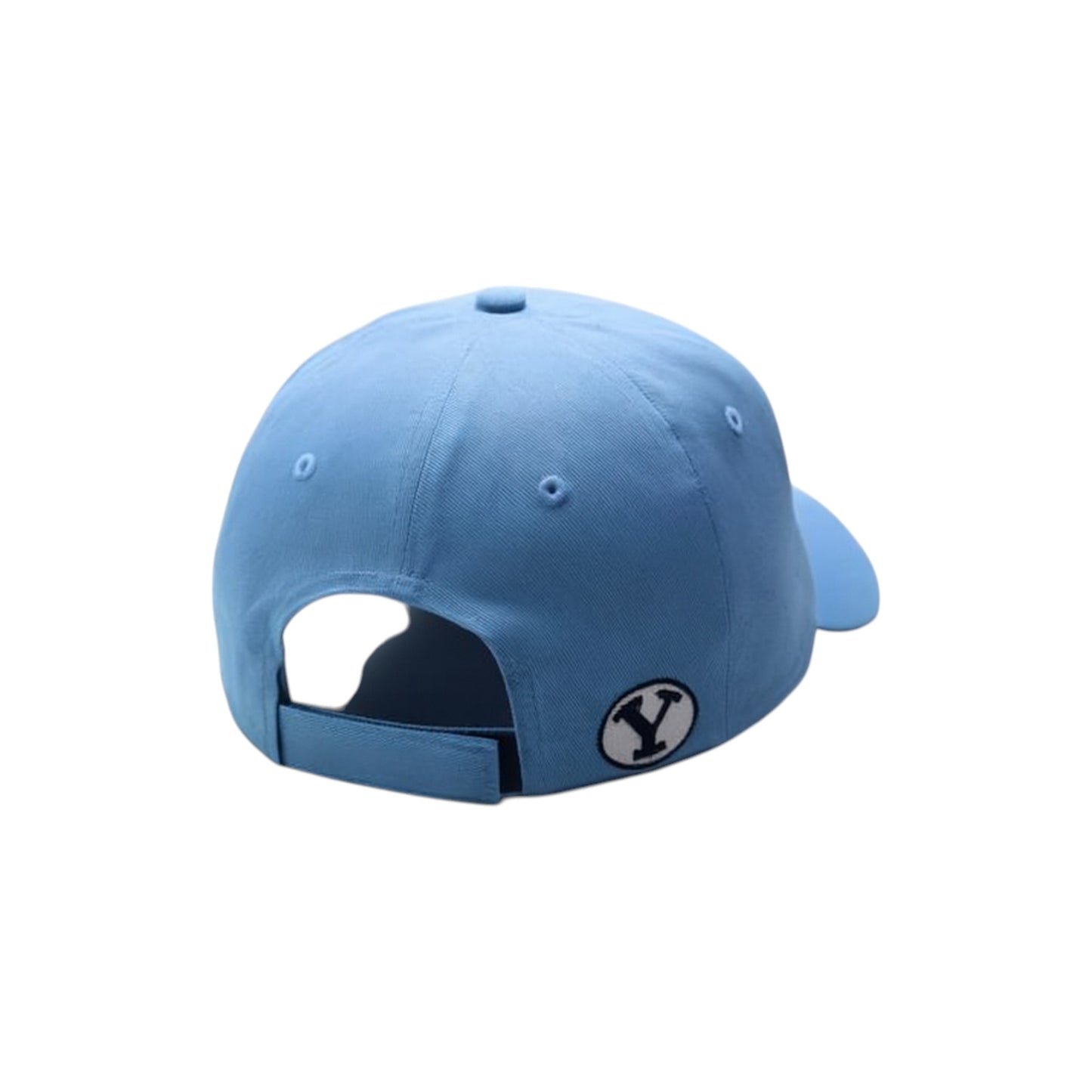 Blue baseball cap with a logo on the back against a white background