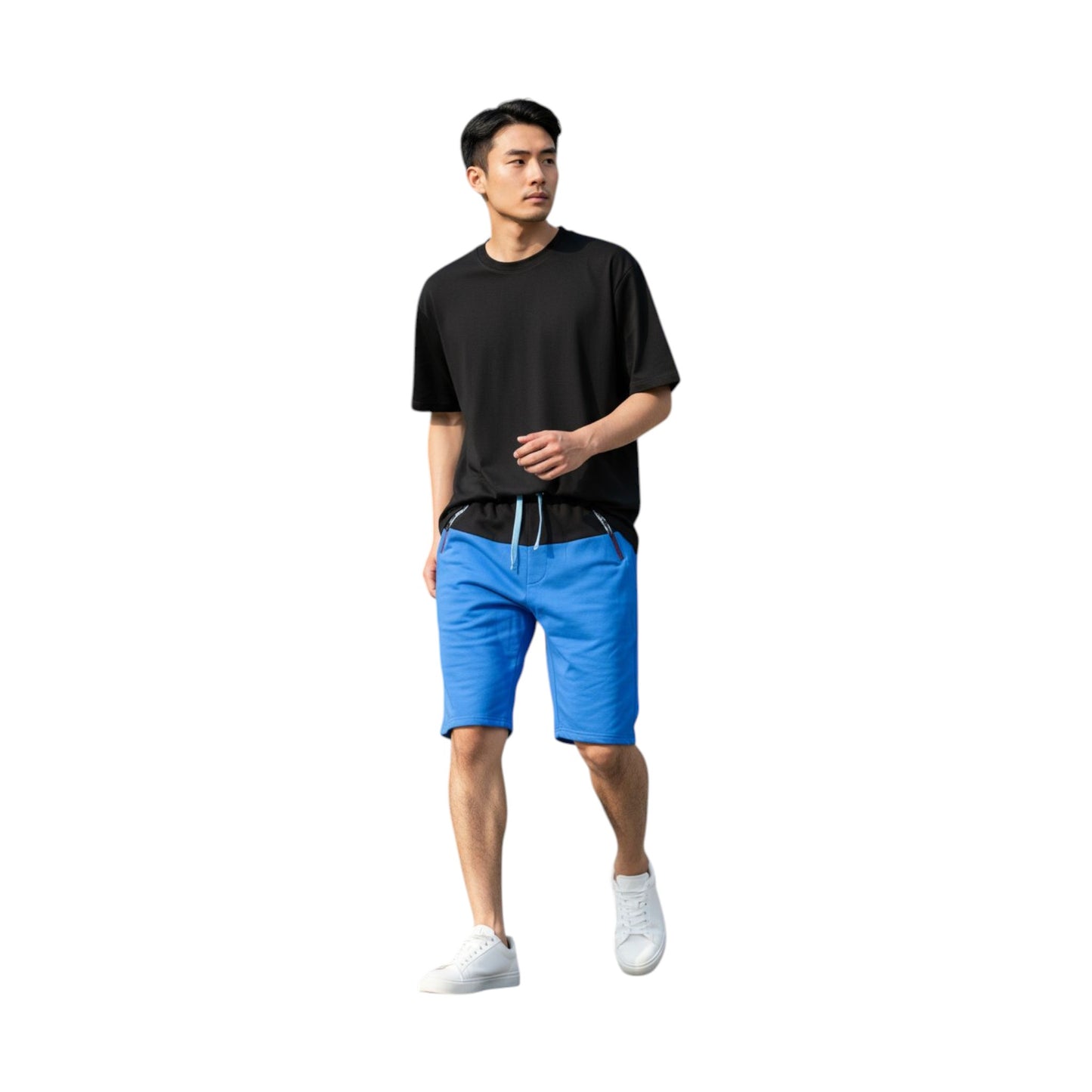 Man wearing a black t-shirt and blue shorts on a white background