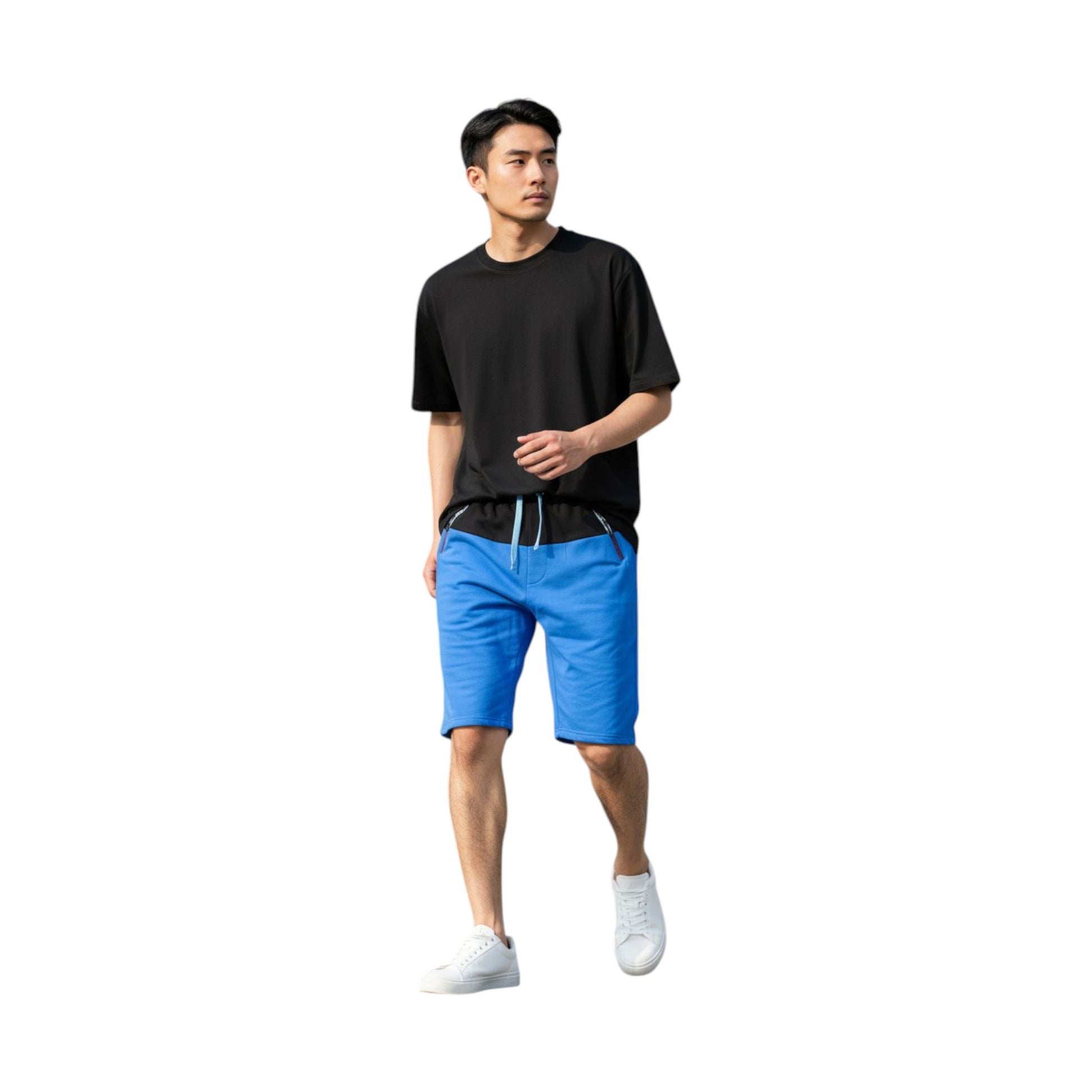 Man wearing a black t-shirt and blue shorts on a white background