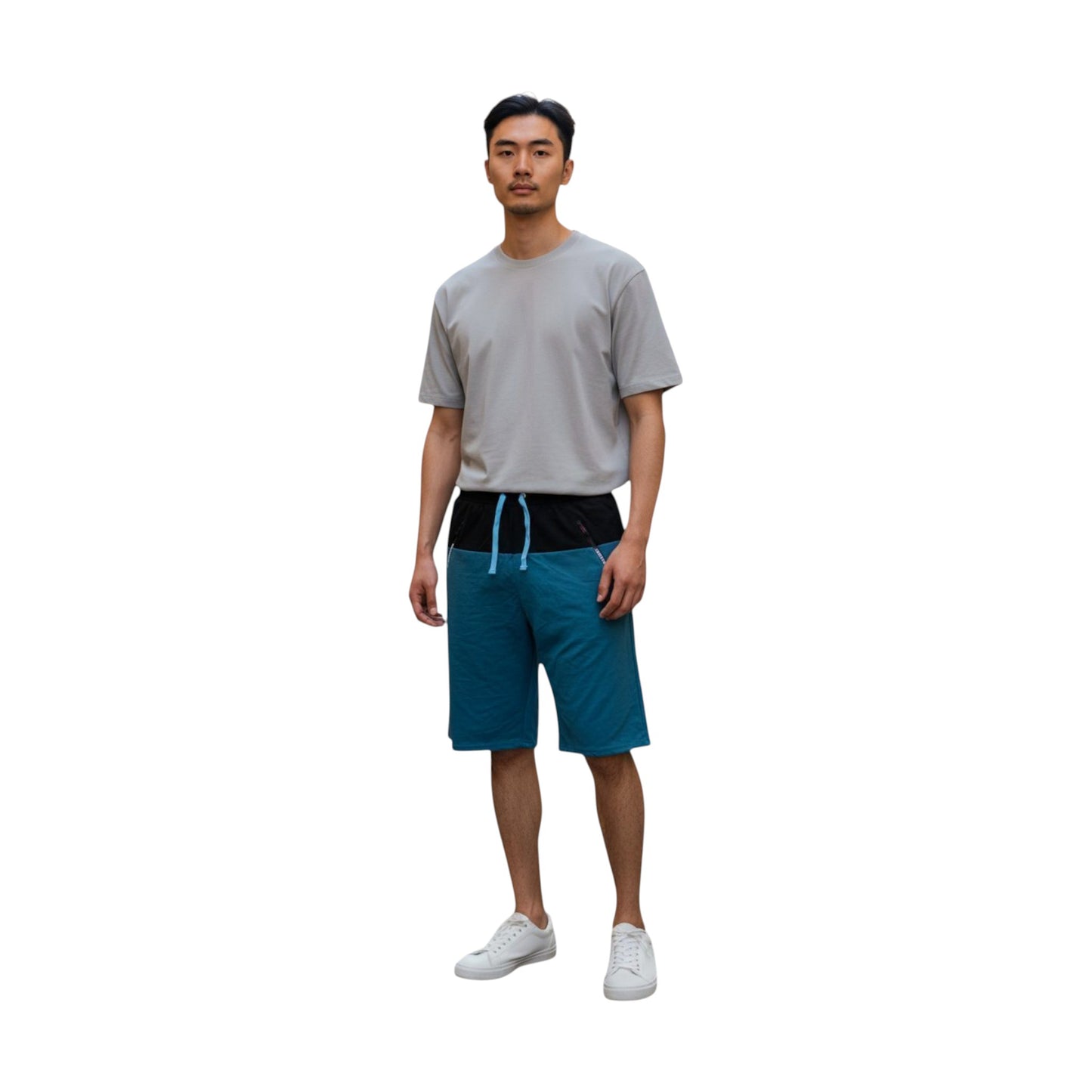 Man wearing a gray t-shirt and blue shorts on a white background