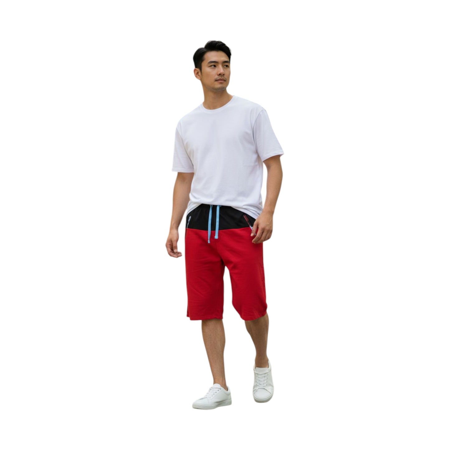 Man wearing a white t-shirt and red shorts on a white background