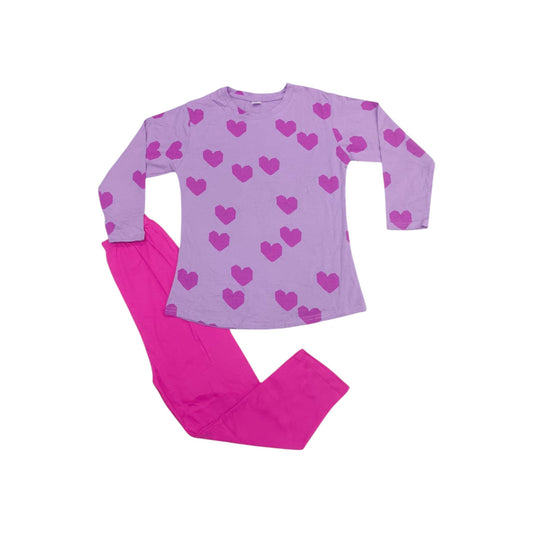 Purple long-sleeve top and pink pants with heart patterns on a white background