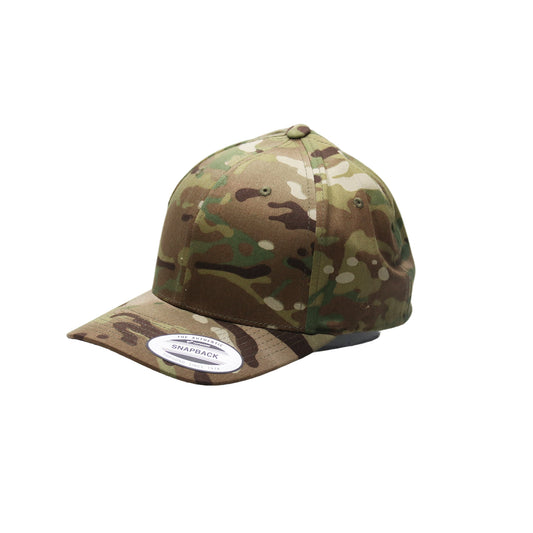 Camouflage baseball cap on a clear stand with a white background