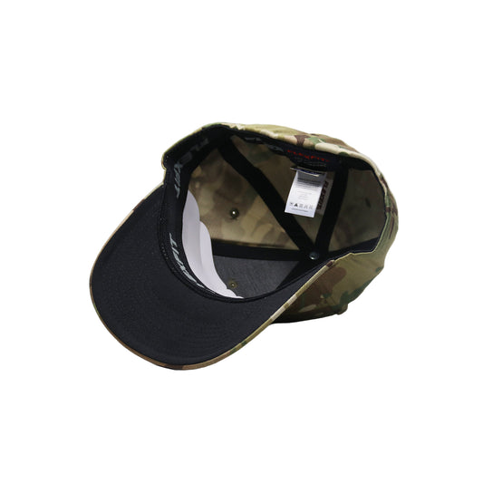 Camouflage baseball cap with black brim on a white background