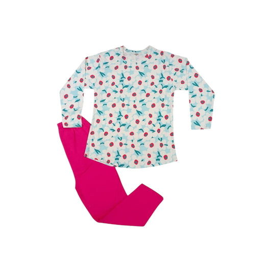Children's long-sleeve shirt with cherry pattern and pink pants on a white background