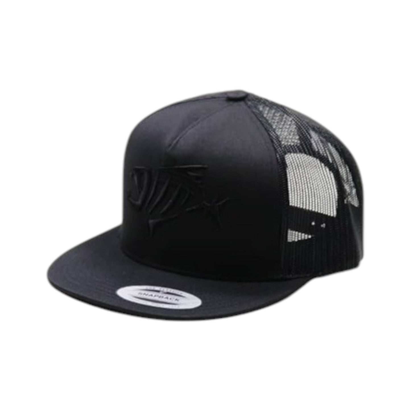 Black trucker cap with mesh back on a white background