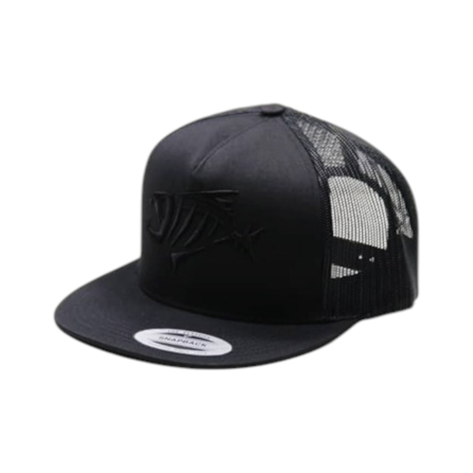 Black trucker cap with mesh back on a white background