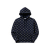 Navy blue hoodie with a gold geometric pattern on a white background