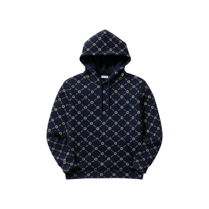 Navy blue hoodie with a gold geometric pattern on a white background