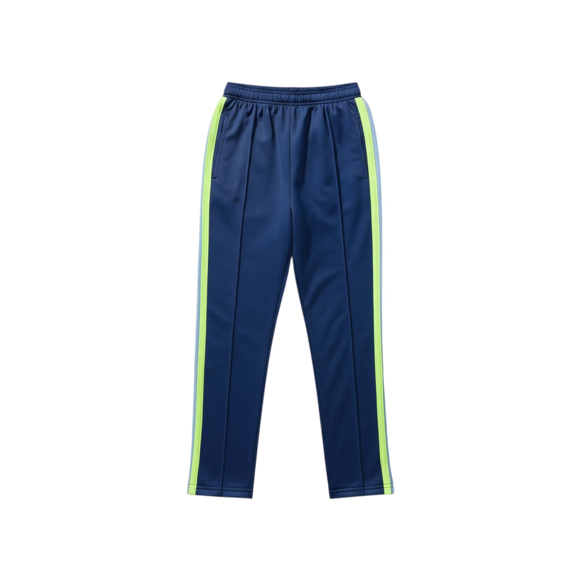 Navy blue pants with green stripes on a white background