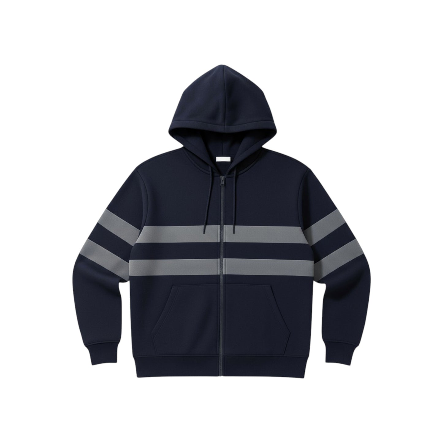 Navy hoodie with reflective stripes on a white background