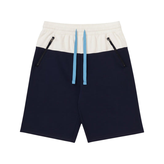 Navy shorts with white waistband and blue drawstring on a white background