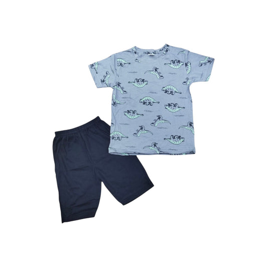 Children's outfit with blue dinosaur-patterned shirt and navy shorts on a white background