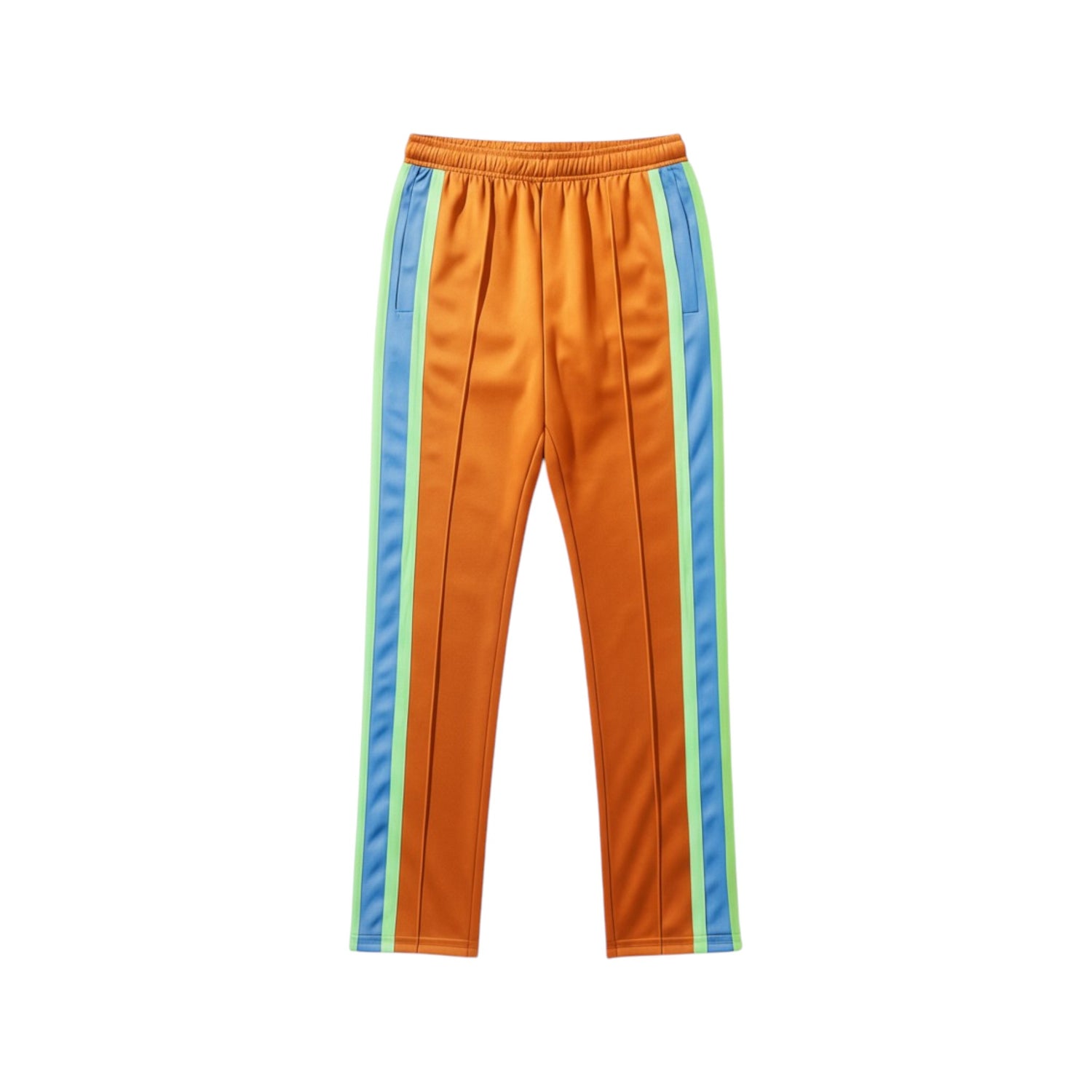 Orange pants with blue and green stripes on a white background