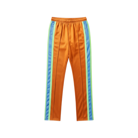 Orange pants with blue and green stripes on a white background