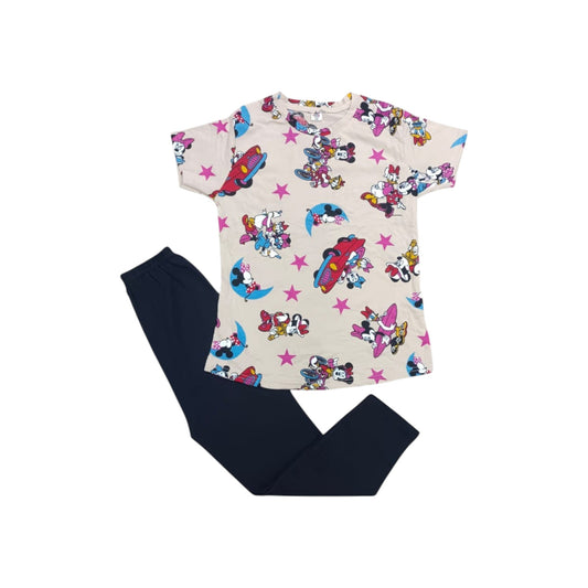 Children's outfit with a colorful t-shirt and navy pants on a white background