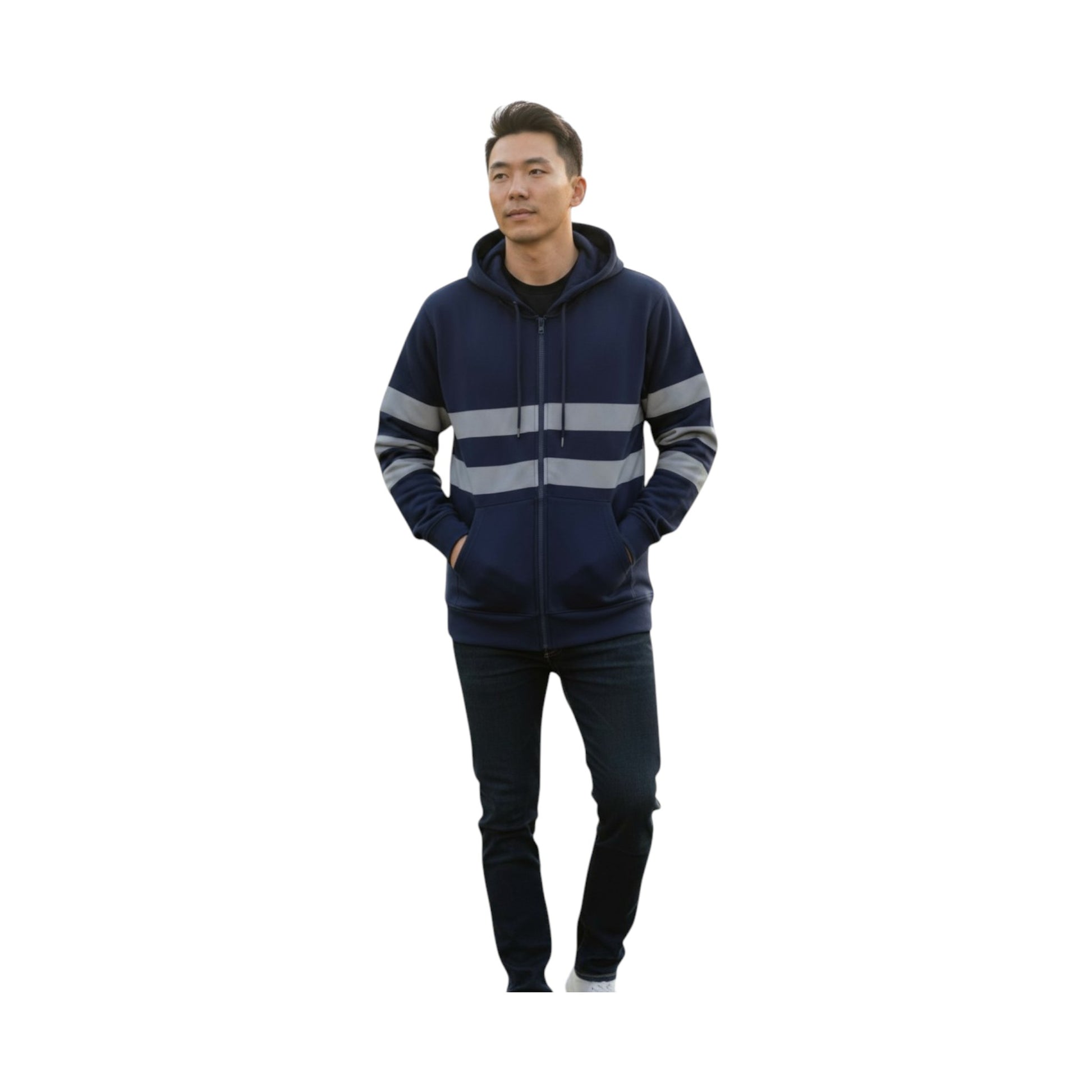 Person wearing a navy hoodie with reflective stripes on a white background