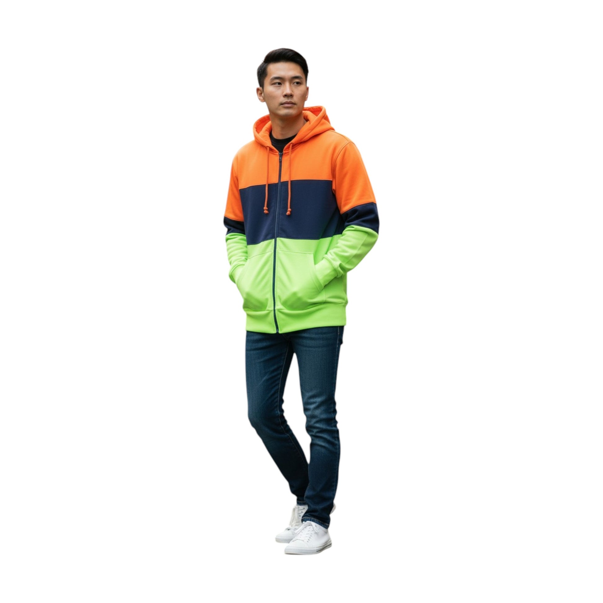 Person wearing a three-tone hoodie with orange, navy, and green sections on a white background