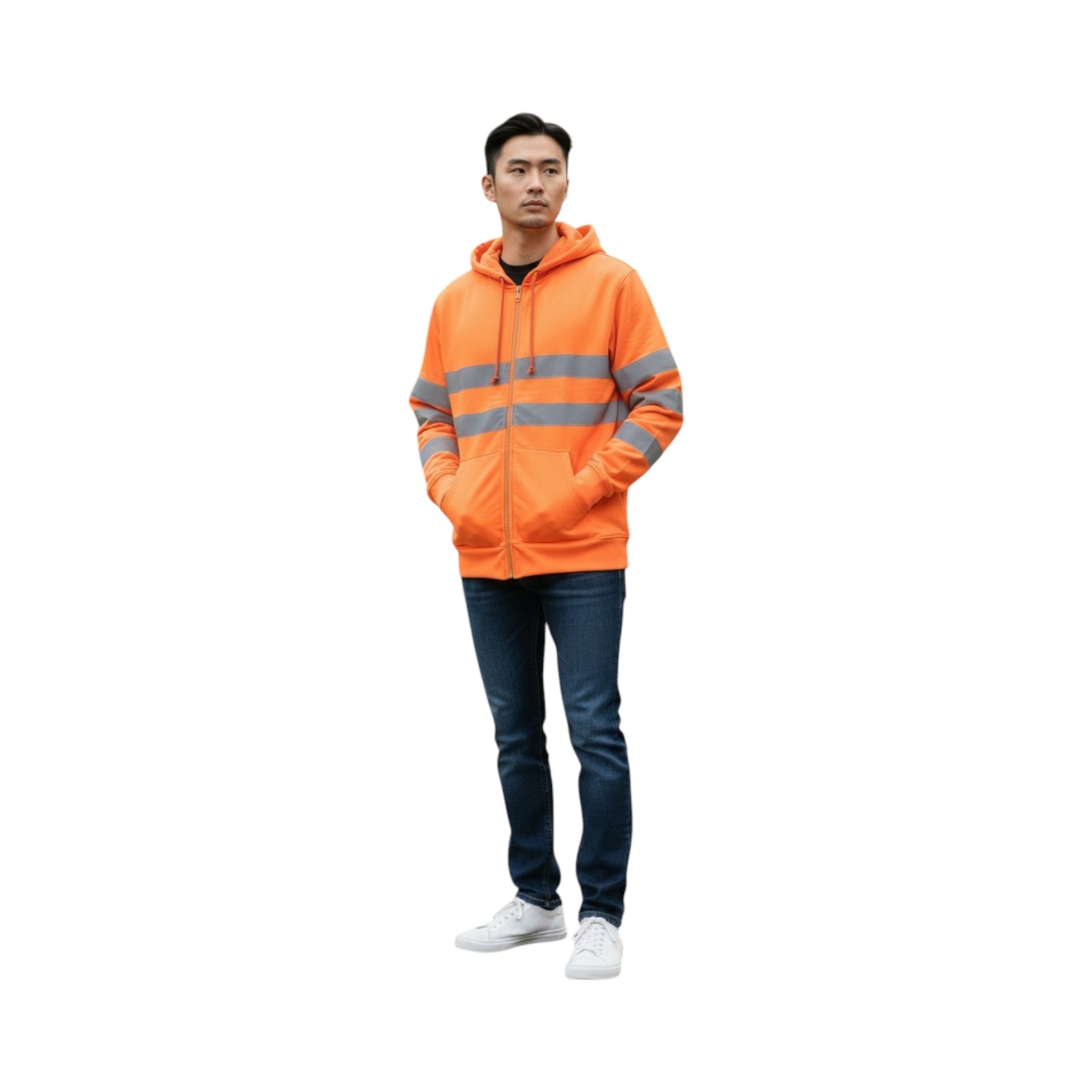 Person wearing an orange safety hoodie with reflective stripes on a white background