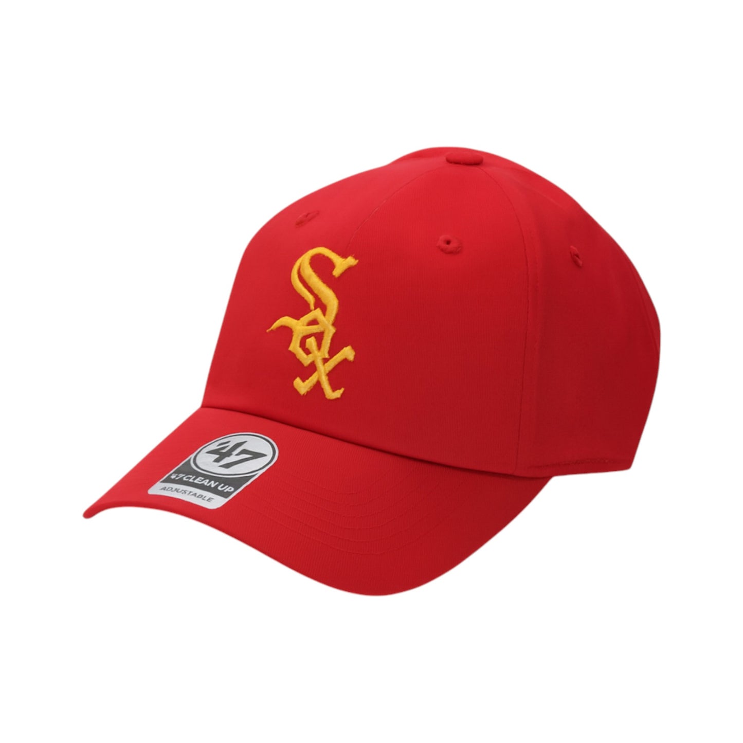 Red cap with yellow logo on a white background