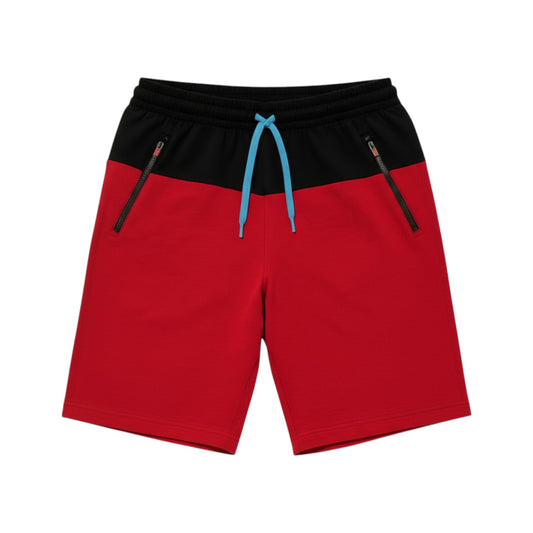 Red shorts with black waistband and blue drawstring on a white background