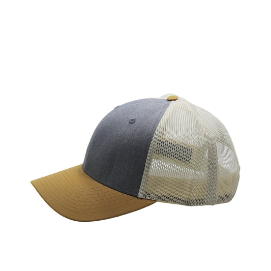 Three-tone baseball cap with gray, beige, and yellow sections on a white background