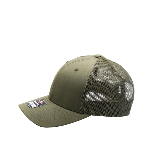 Green mesh cap with a brand label on a white background