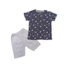 Children's t-shirt with space-themed print and gray shorts on a white background