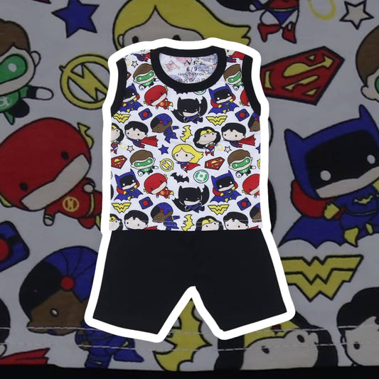 Tank top with superhero pattern and black shorts on a colorful background