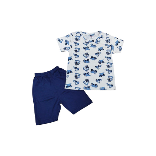 Children's outfit with a patterned shirt and navy shorts on a white background