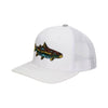 White cap with a colorful fish design on a white background
