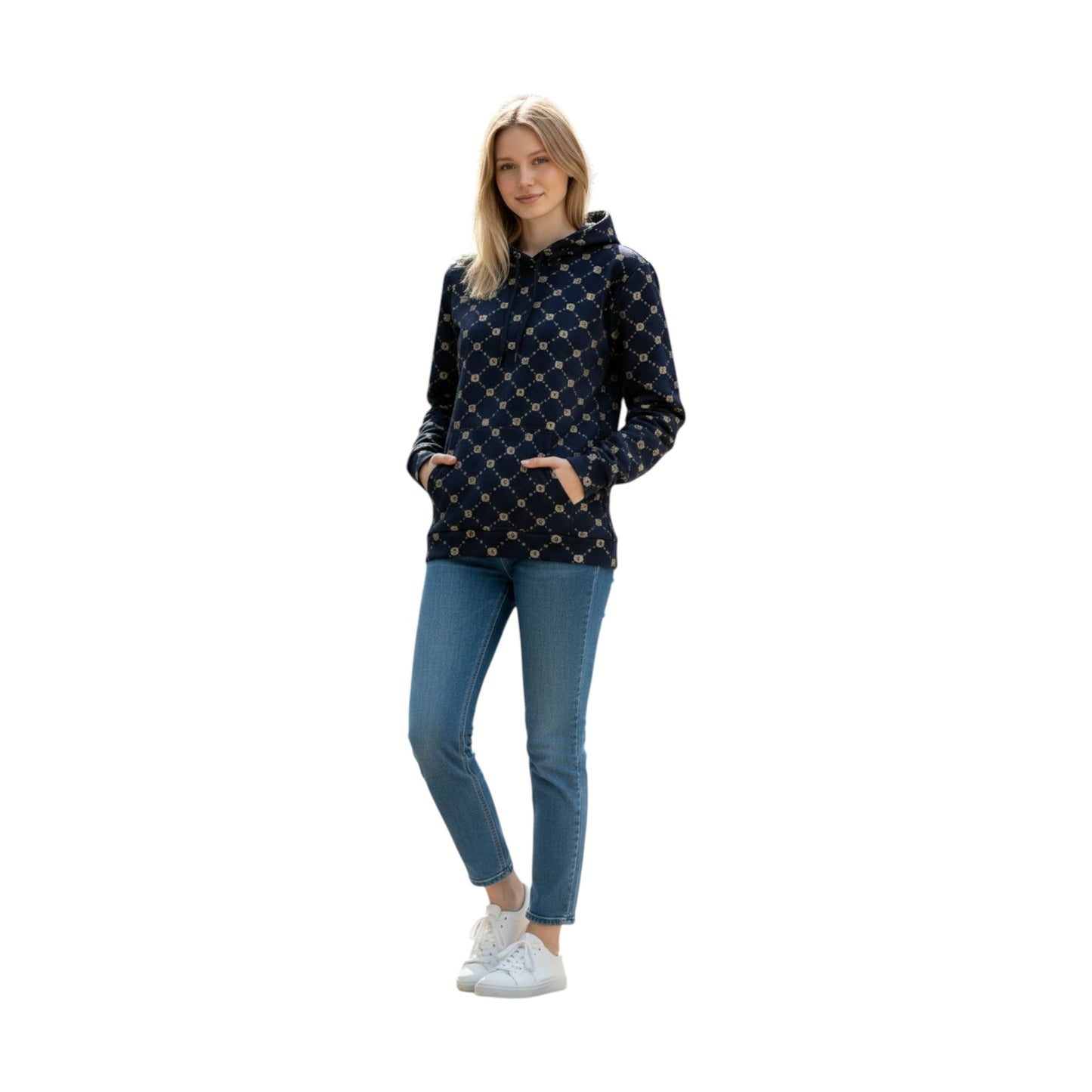 Woman wearing a dark blue patterned hoodie and jeans on a white background