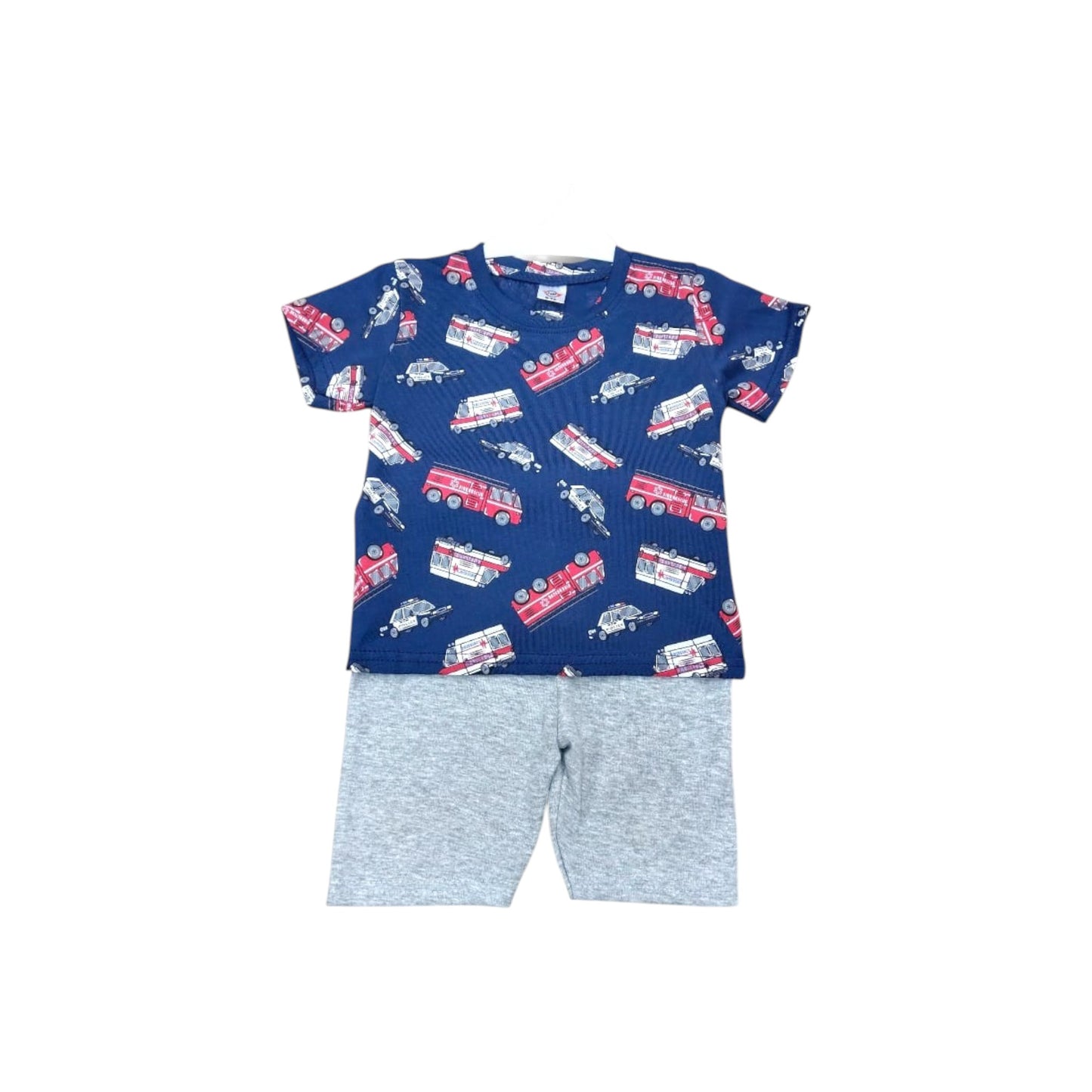 Children's outfit with blue t-shirt and gray shorts on a white background