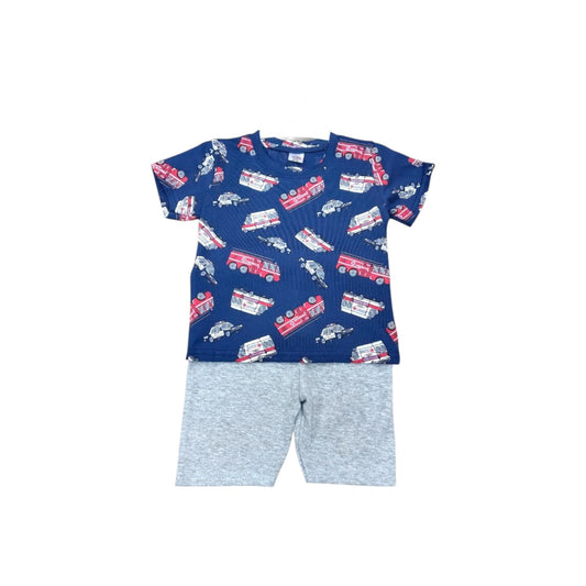 Children's outfit with blue t-shirt and gray shorts on a white background