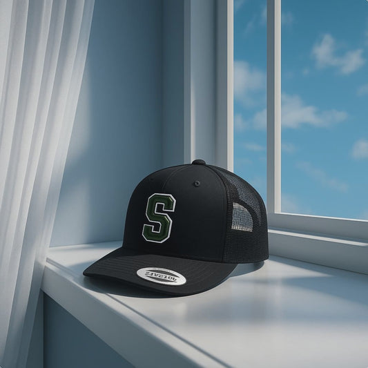 Black Baseball Cap with White 'S' Logo - Embroidered Letter Hat