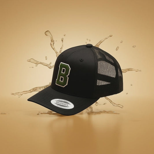 Black Trucker Hat with Green 'B' Logo - Mesh Back Snapback