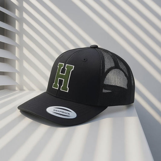 Black Trucker Hat with Green 'H' Logo - Mesh Back Snapback