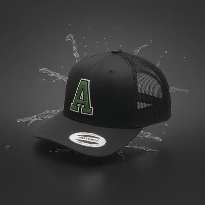 Black Trucker Hat with Green 'A' Logo - Mesh Back Snapback
