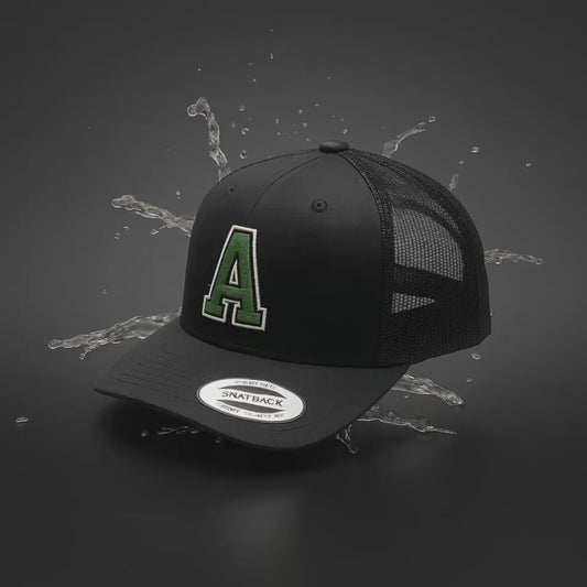 Black Trucker Hat with Green 'A' Logo - Mesh Back Snapback