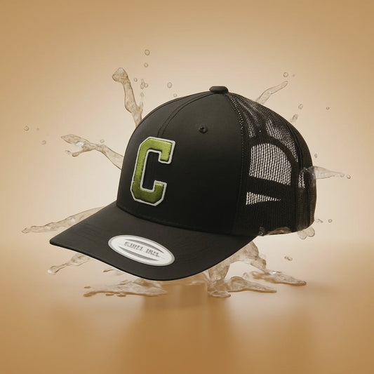 Black Trucker Hat with Green 'C' Logo - Mesh Back Snapback