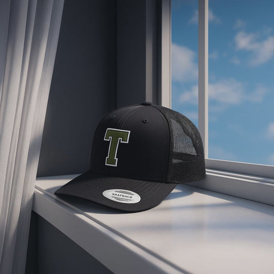 Black Trucker Hat with Green 'T' Logo - Mesh Back Snapback