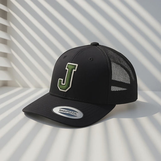 Black Trucker Hat with Green 'J' Logo - Mesh Back Snapback
