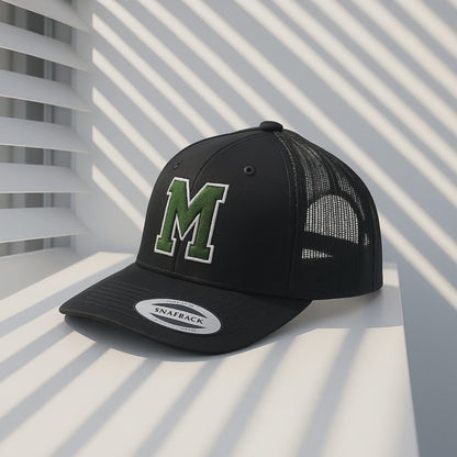 Black Baseball Cap with White 'M' Logo - Embroidered Letter Hat