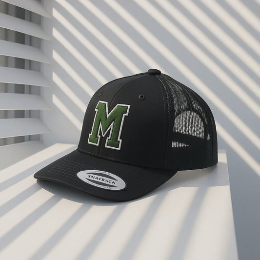 Black Baseball Cap with White 'M' Logo - Embroidered Letter Hat